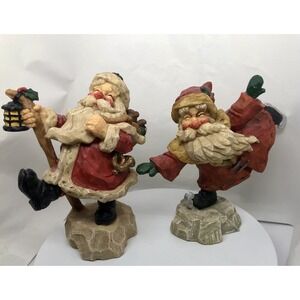 2 Resin Santa Claus Figures Christmas Decor 7" Ice Skating Jolly St Nick Holiday